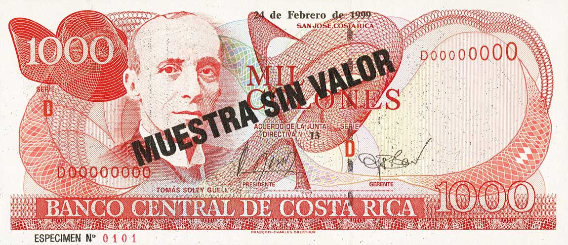 Front of Costa Rica p264s: 1000 Colones from 1997