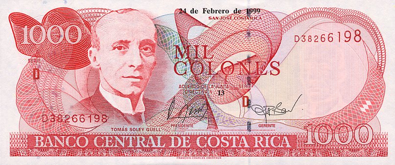 Front of Costa Rica p267A: 1000 Colones from 1999