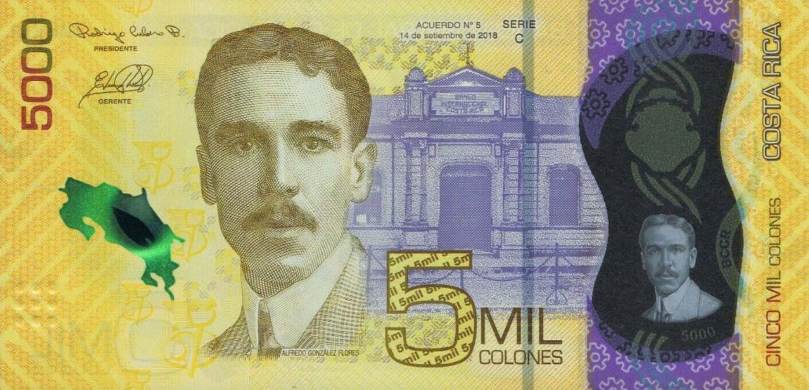 Front of Costa Rica p282: 5000 Colones from 2018