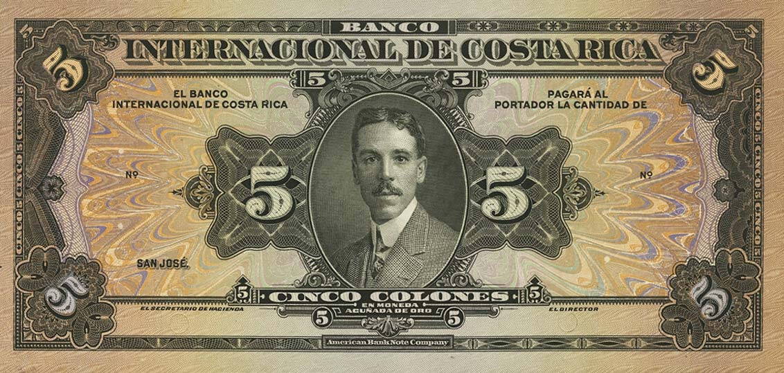 Front of Costa Rica p168p: 5 Colones from 1916