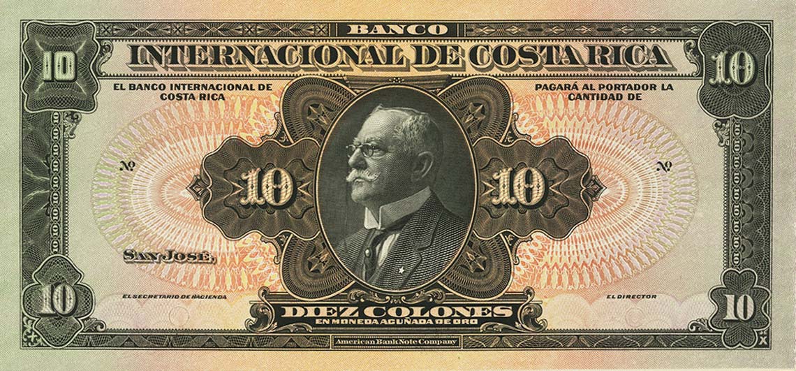 Front of Costa Rica p169p: 10 Colones from 1916