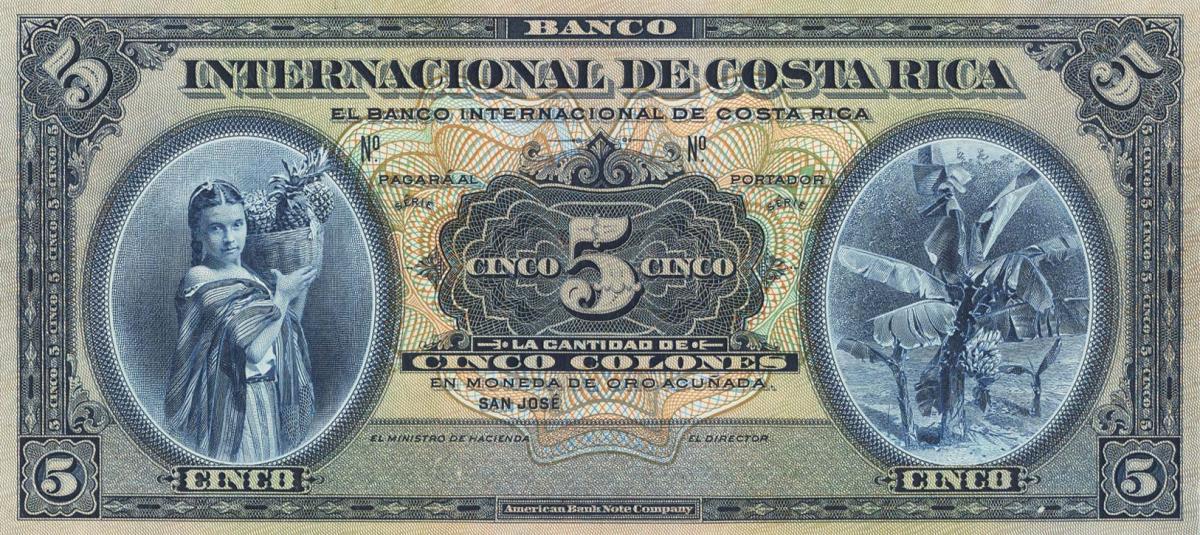 Front of Costa Rica p174p: 5 Colones from 1919