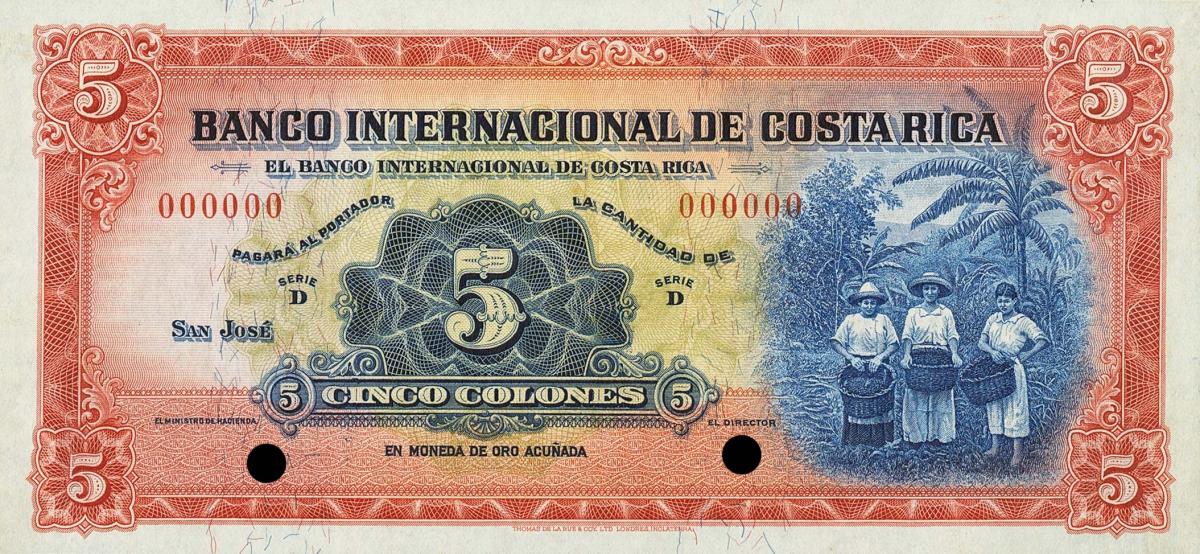 Front of Costa Rica p180s: 5 Colones from 1931