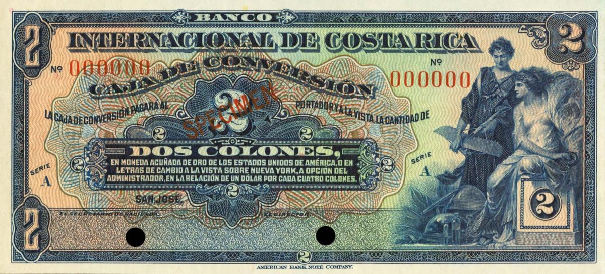 Front of Costa Rica p184s: 2 Colones from 1924