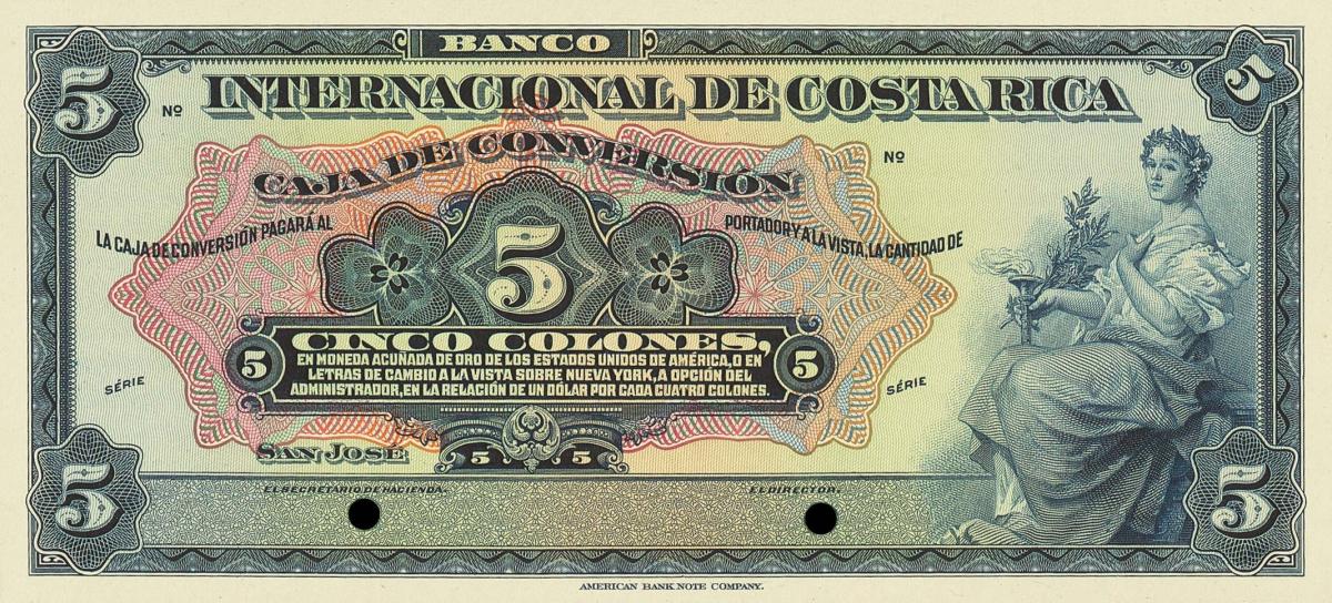 Front of Costa Rica p185p: 5 Colones from 1925