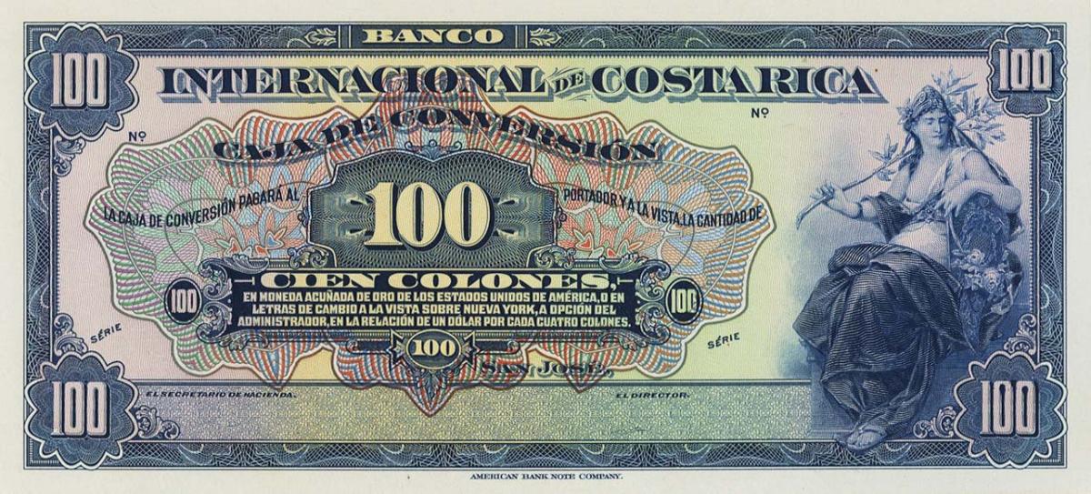 Front of Costa Rica p189p: 100 Colones from 1924