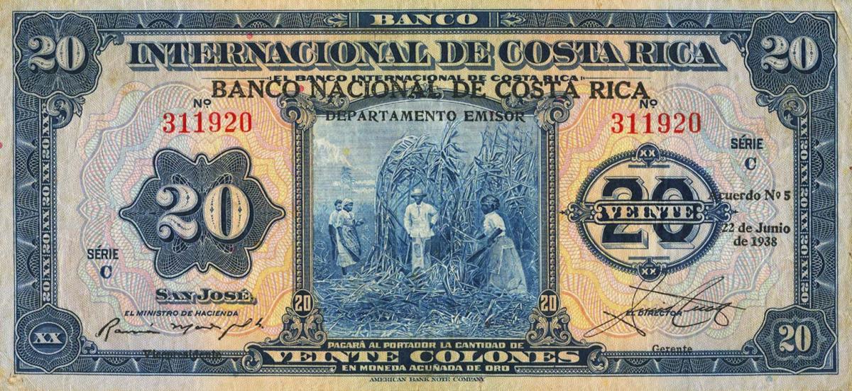 Front of Costa Rica p192b: 20 Colones from 1938