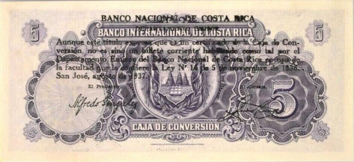 Back of Costa Rica p198a: 5 Colones from 1938