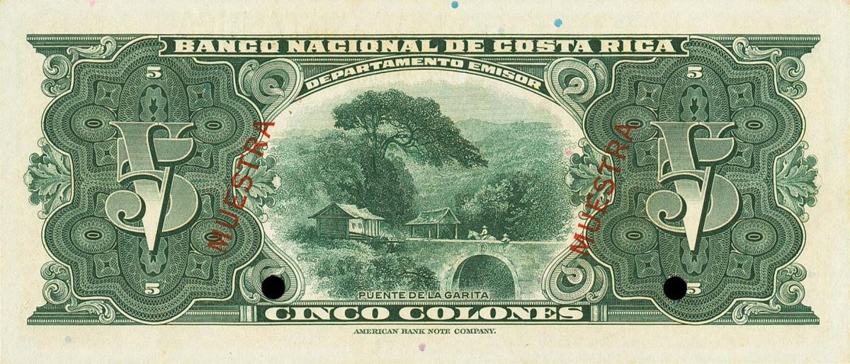 Back of Costa Rica p215s: 5 Colones from 1950