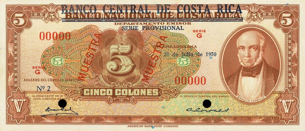 Front of Costa Rica p215s: 5 Colones from 1950