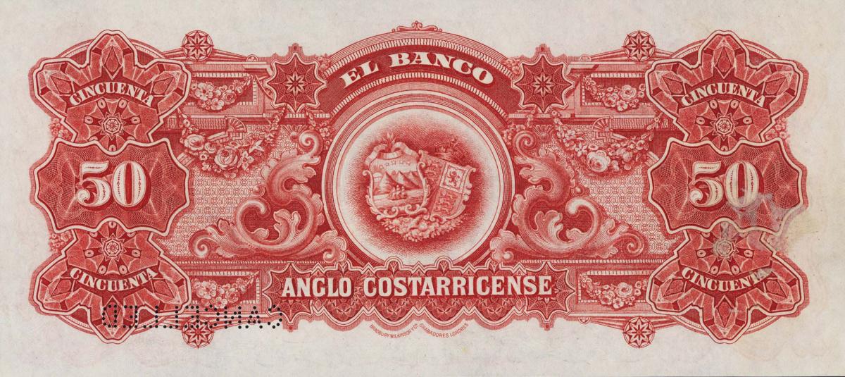 Back of Costa Rica pS125s: 50 Colones from 1904