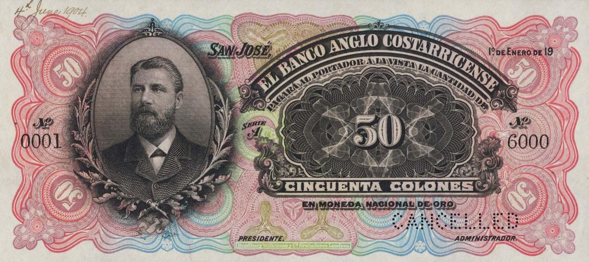 Front of Costa Rica pS125s: 50 Colones from 1904