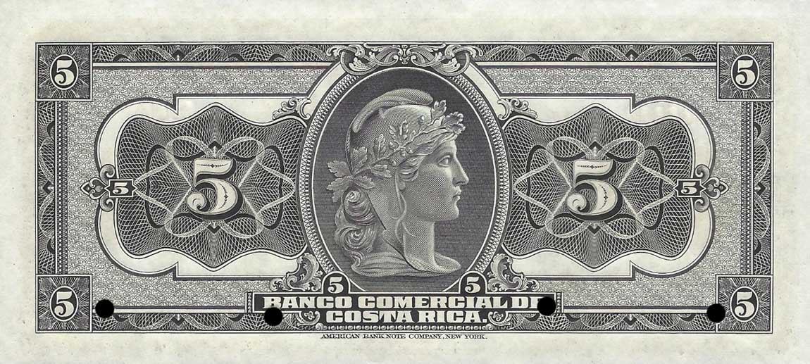 Back of Costa Rica pS146s: 5 Colones from 1914