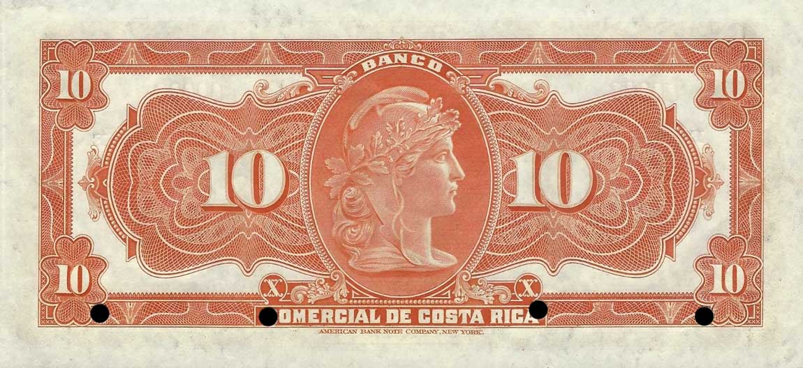 Back of Costa Rica pS147s: 10 Colones from 1914