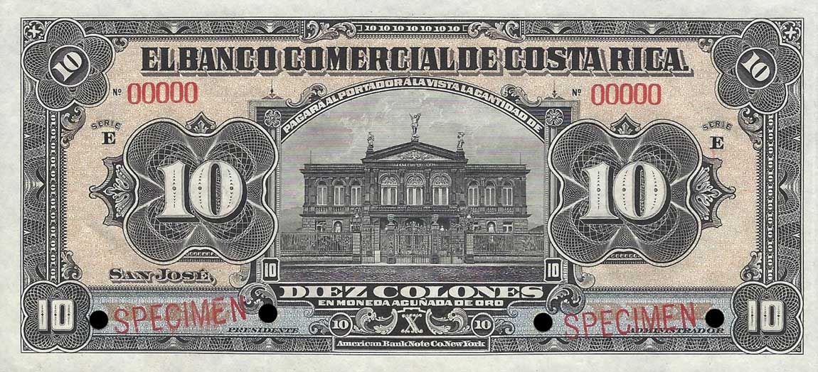 Front of Costa Rica pS147s: 10 Colones from 1914