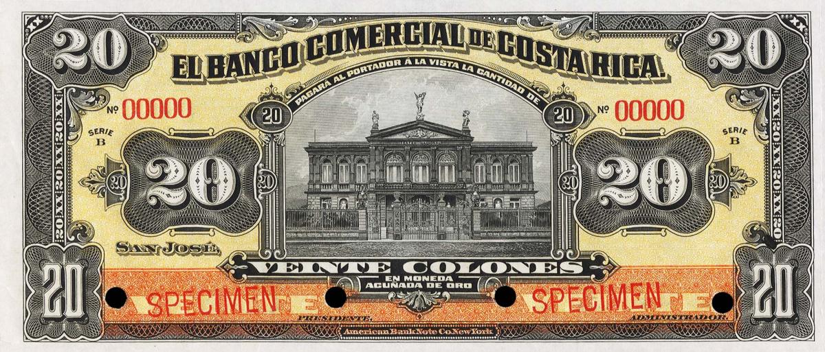 Front of Costa Rica pS148s: 20 Colones from 1913