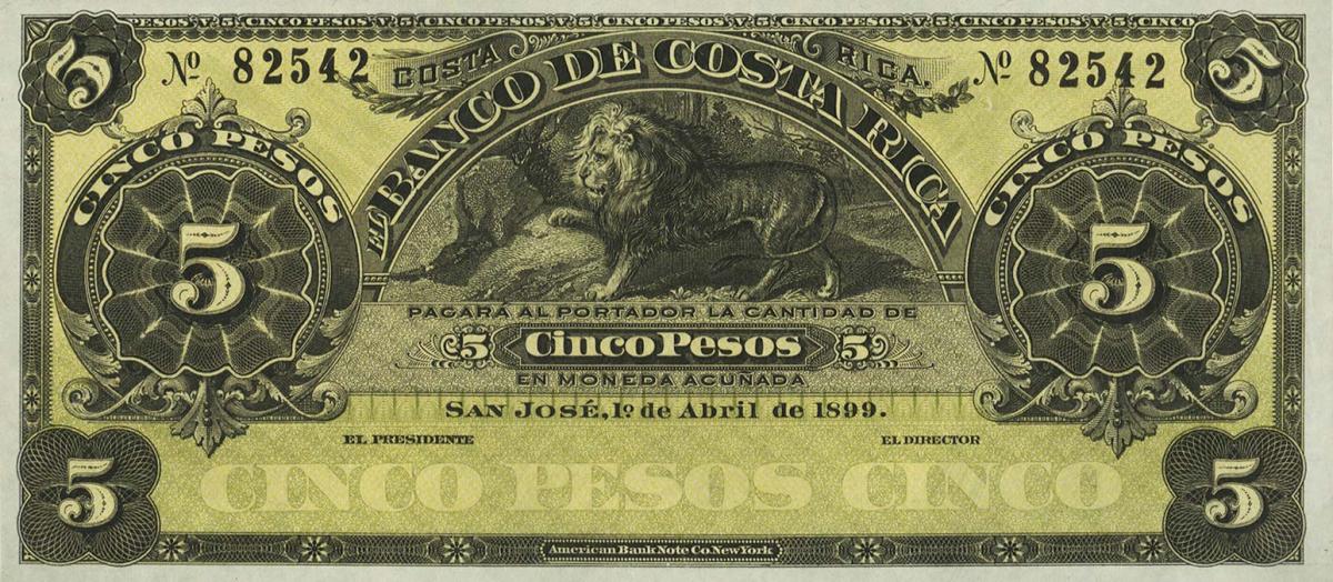 Front of Costa Rica pS163r1: 5 Pesos from 1899