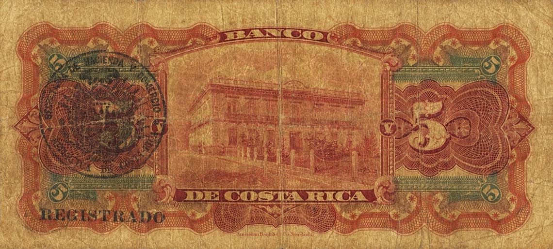 Back of Costa Rica pS173a: 5 Colones from 1901