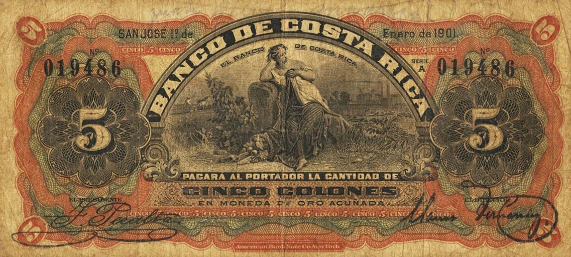 Front of Costa Rica pS173a: 5 Colones from 1901