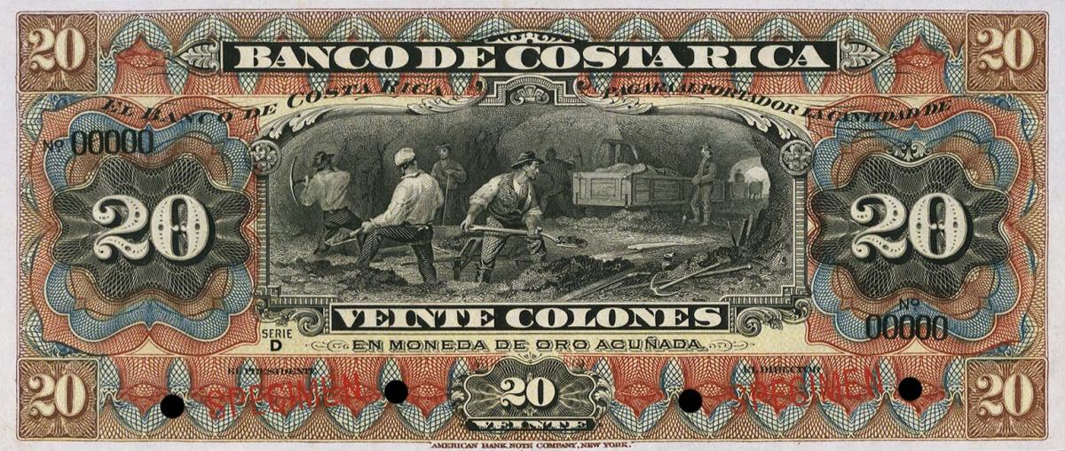 Front of Costa Rica pS175s: 20 Colones from 1914