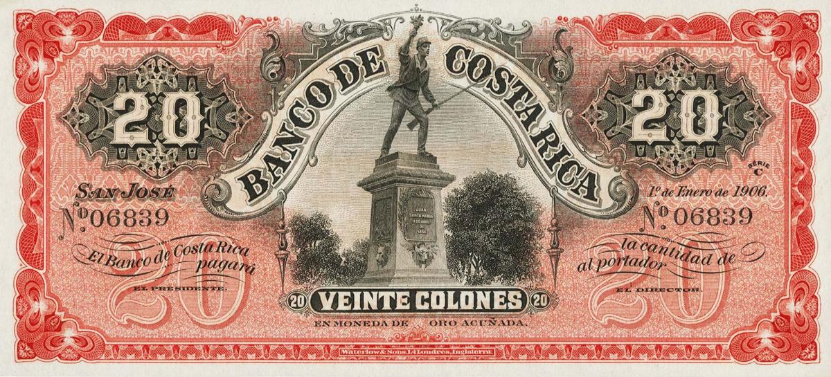 Front of Costa Rica pS179r: 20 Colones from 1906