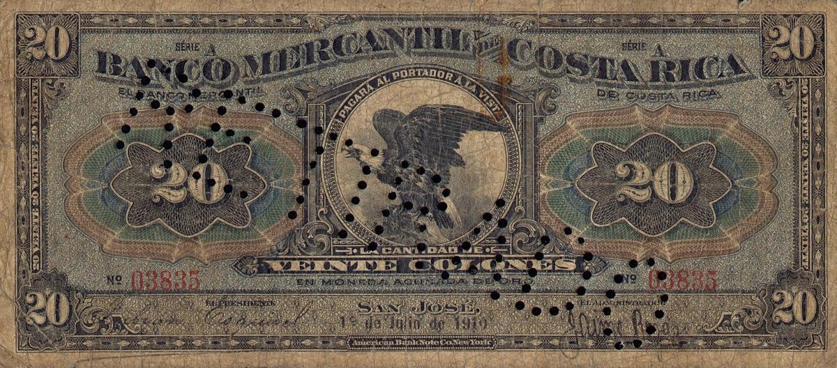 Front of Costa Rica pS203a: 20 Colones from 1910