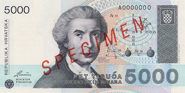 Front of Croatia p24s: 5000 Dinara from 1992