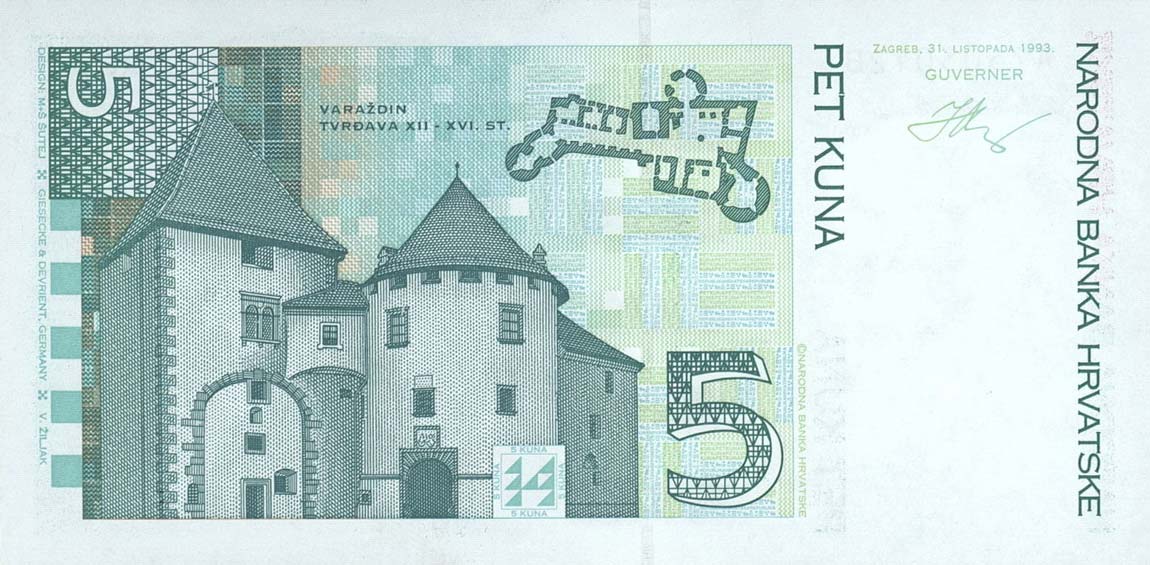 Back of Croatia p28a: 5 Kuna from 1993