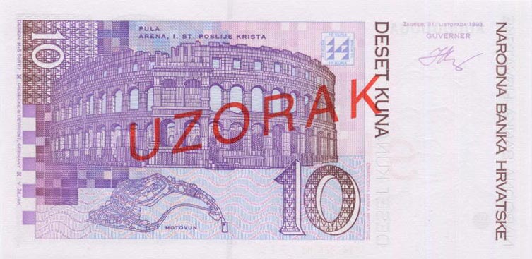 Back of Croatia p29s: 10 Kuna from 1993