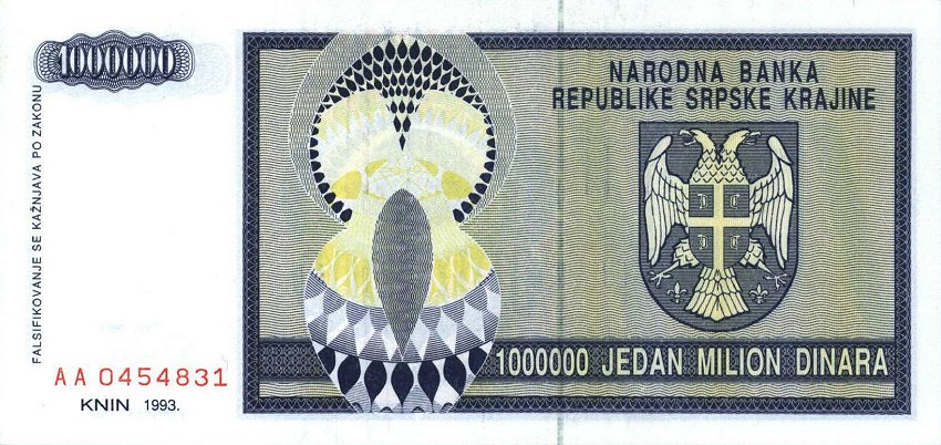 Front of Croatia pR10a: 1000000 Dinars from 1993