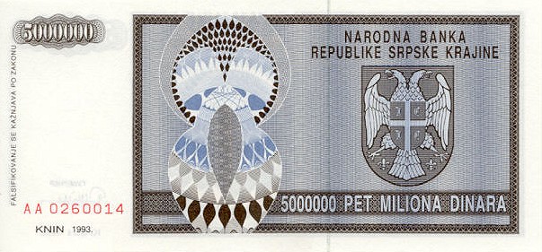 Back of Croatia pR11a: 5000000 Dinars from 1993