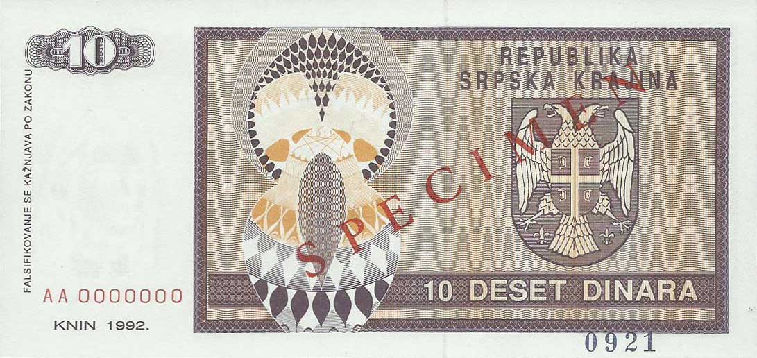 Back of Croatia pR1s: 10 Dinars from 1992