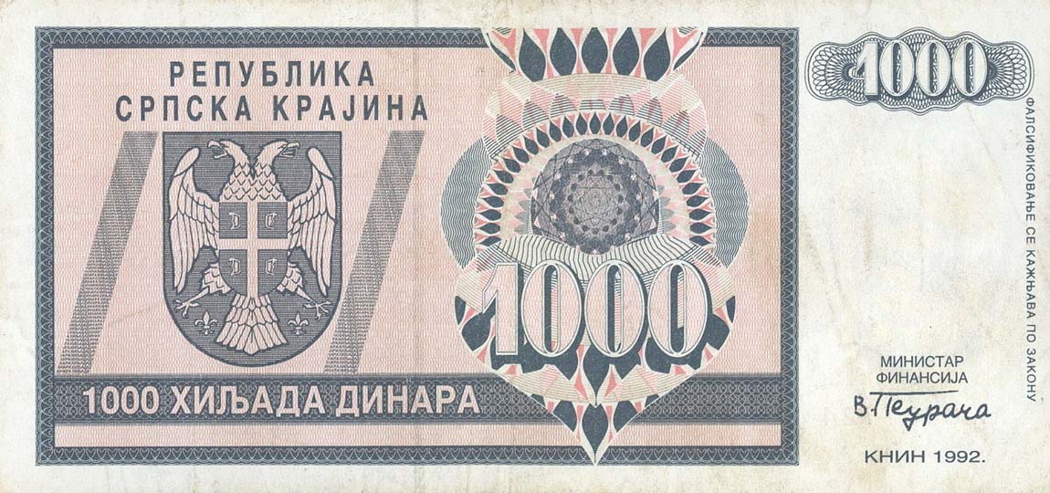 Front of Croatia pR5a: 1000 Dinars from 1992
