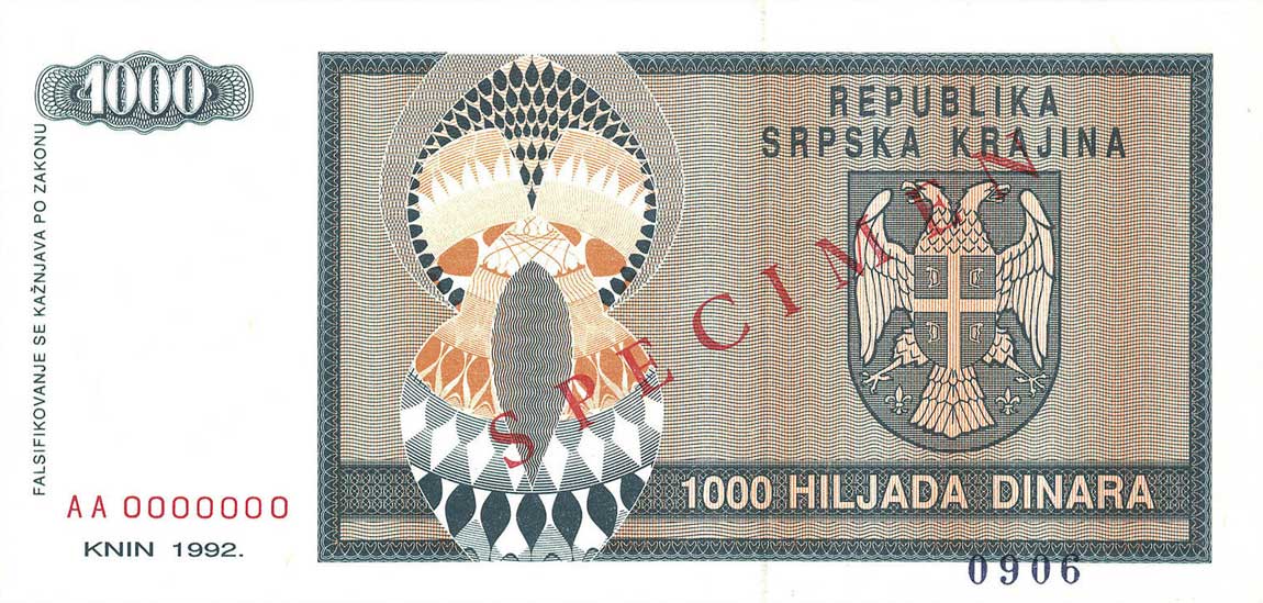 Front of Croatia pR5s: 1000 Dinars from 1992