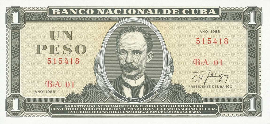 Front of Cuba p102d: 1 Peso from 1988