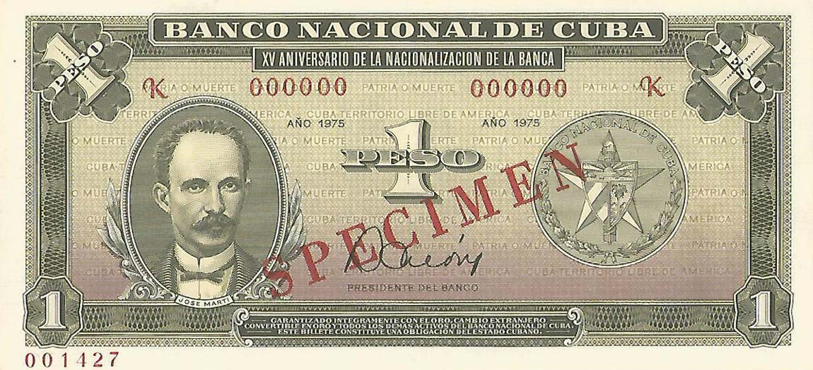 Front of Cuba p106s: 1 Peso from 1975