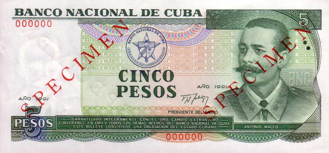 Front of Cuba p108s: 5 Pesos from 1991