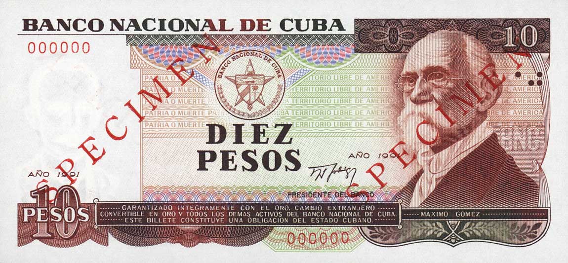 Front of Cuba p109s: 10 Pesos from 1991