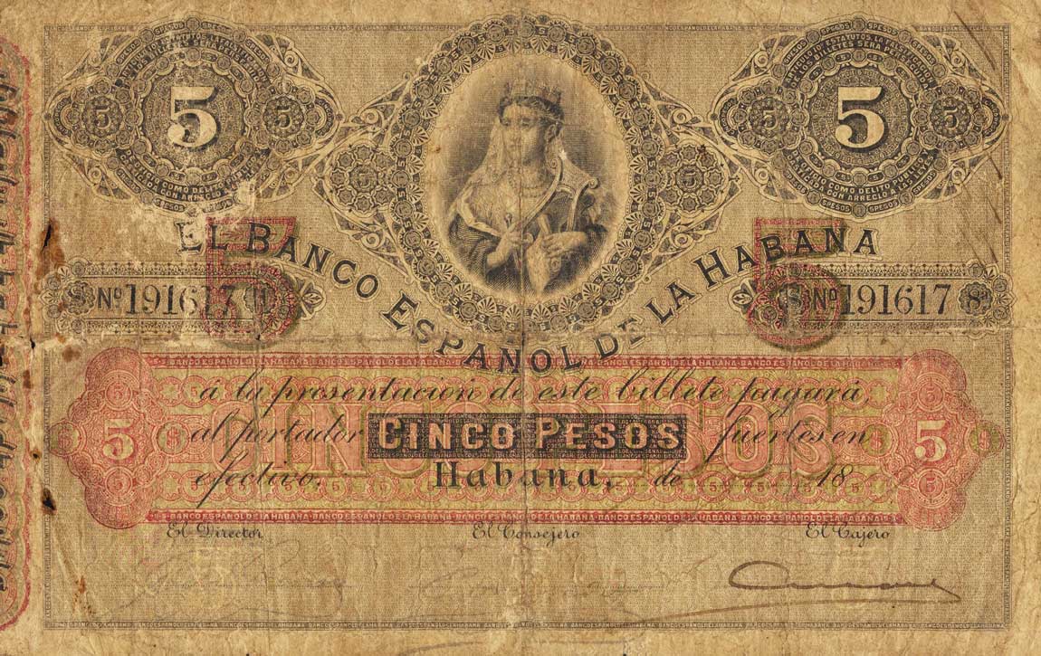 Front of Cuba p19: 5 Pesos from 1872