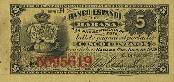 Front of Cuba p29a: 5 Centavos from 1872