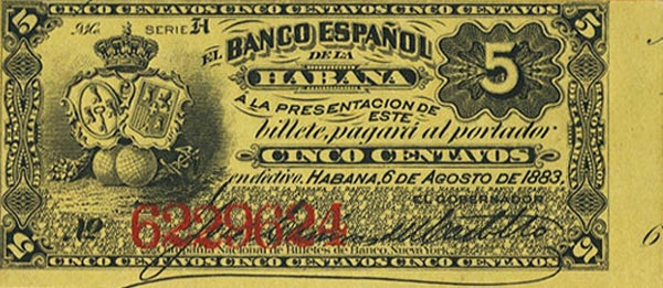 Front of Cuba p29d: 5 Centavos from 1883