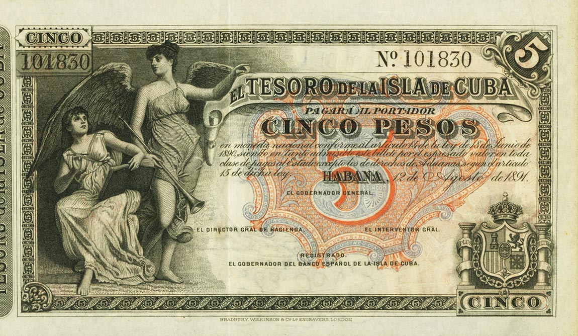Front of Cuba p39b: 5 Pesos from 1891