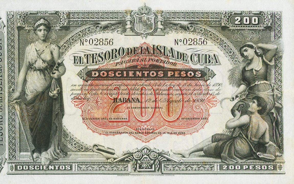 Front of Cuba p44b: 200 Pesos from 1891