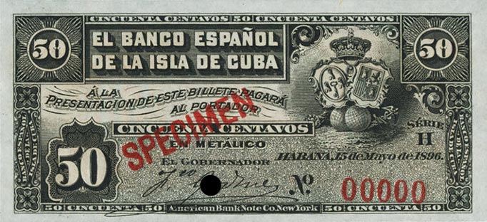 Front of Cuba p46s: 50 Centavos from 1896