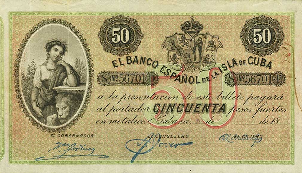 Front of Cuba p50b: 50 Pesos from 1896
