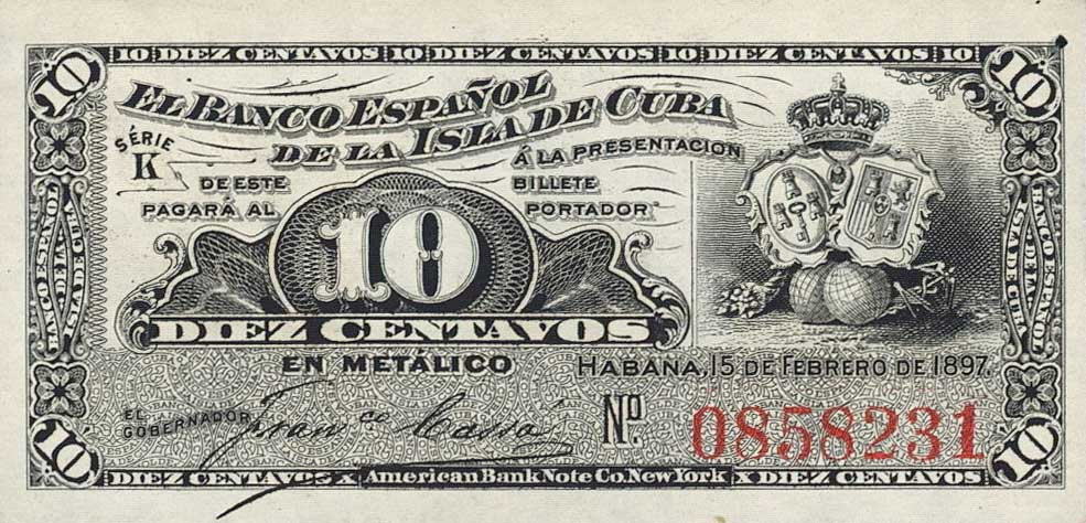 Front of Cuba p52a: 10 Centavos from 1897