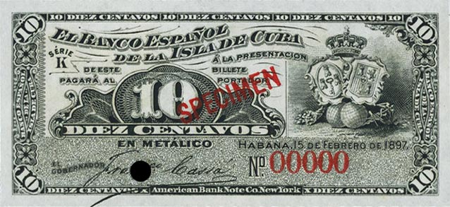 Front of Cuba p52s: 10 Centavos from 1897