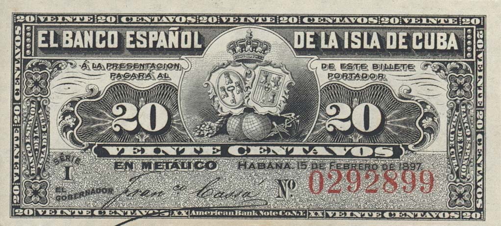 Front of Cuba p53a: 20 Centavos from 1897