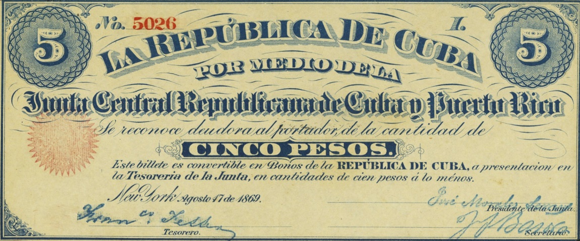 Front of Cuba p62: 5 Pesos from 1869