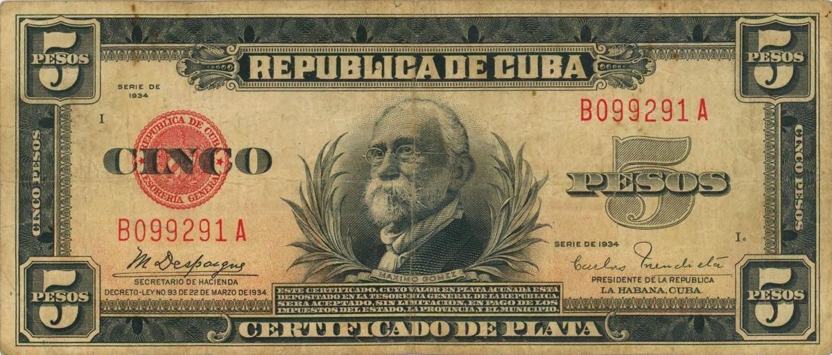 Front of Cuba p70a: 5 Pesos from 1934